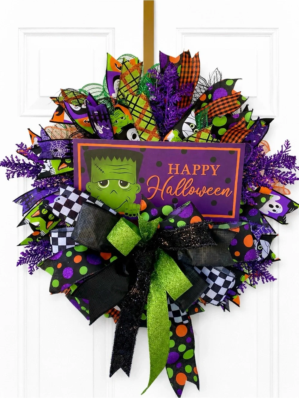 Spooky Frankenstein Halloween Wreath in Purple & Green